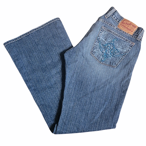 Lucky Brand Denim - Lucky Brand Dungarees Distressed Blue Denim Stretchy Bootcut Jeans 8/w29"